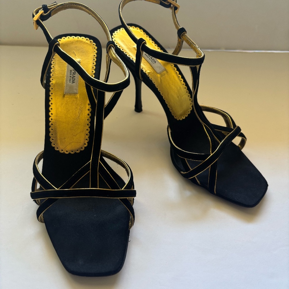 Prada Sling Back Holiday Heels Black Suede with Gold Leather accent Size 38 - Picture 2 of 8